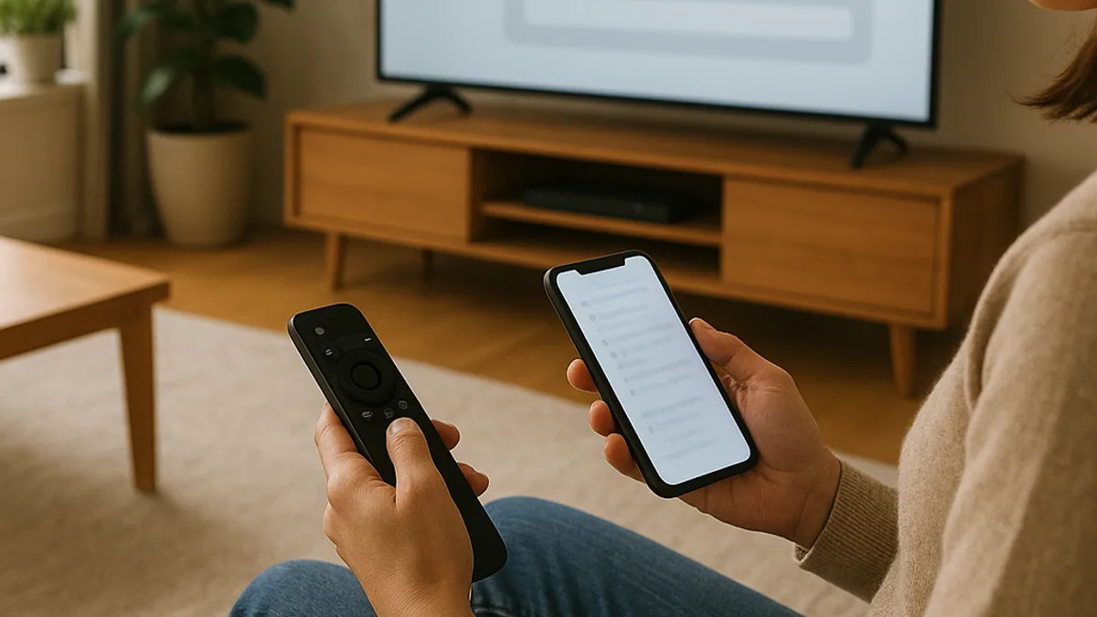 Pessoa configurando o aplicativo na TV com o controle e o celular