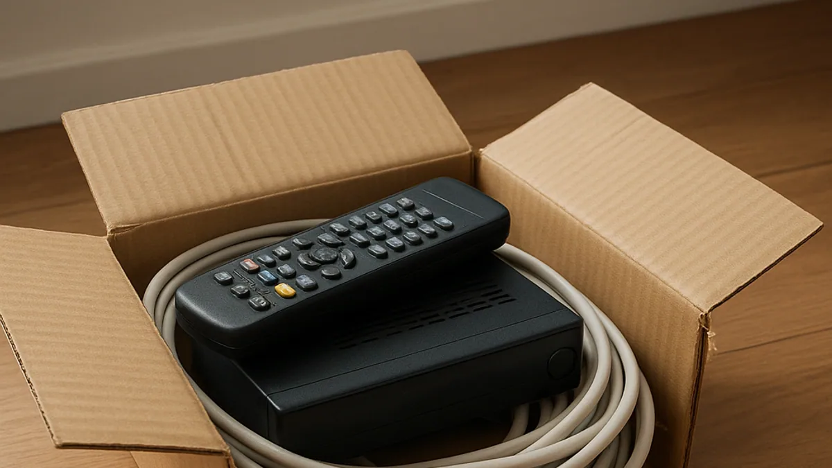 Caixa com cabos e decodificador antigo ao lado de um stick de streaming moderno