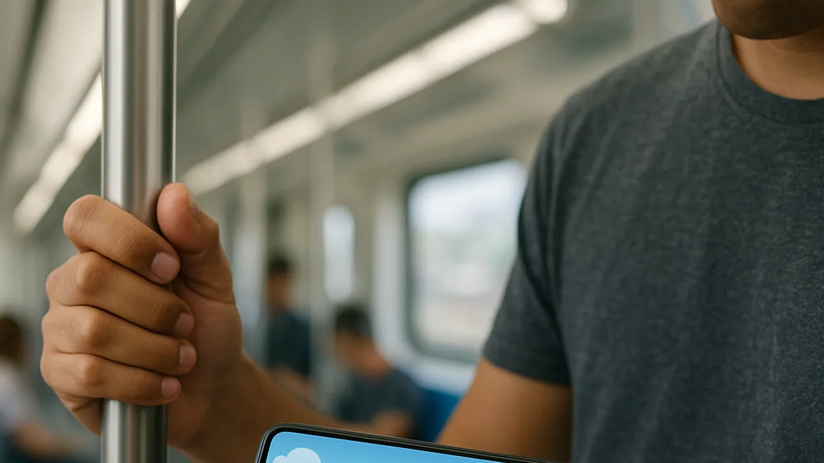 Passageiro vendo o jogo no celular dentro do vagão do metrô