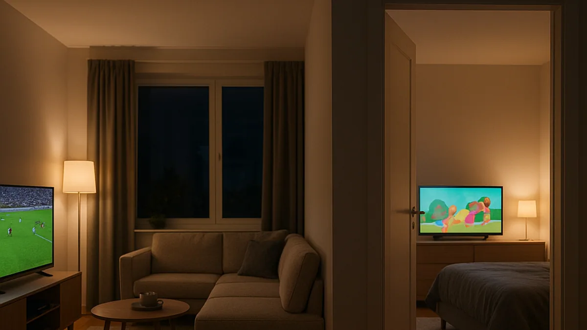 TV da sala e TV do quarto do apartamento ligadas ao mesmo tempo