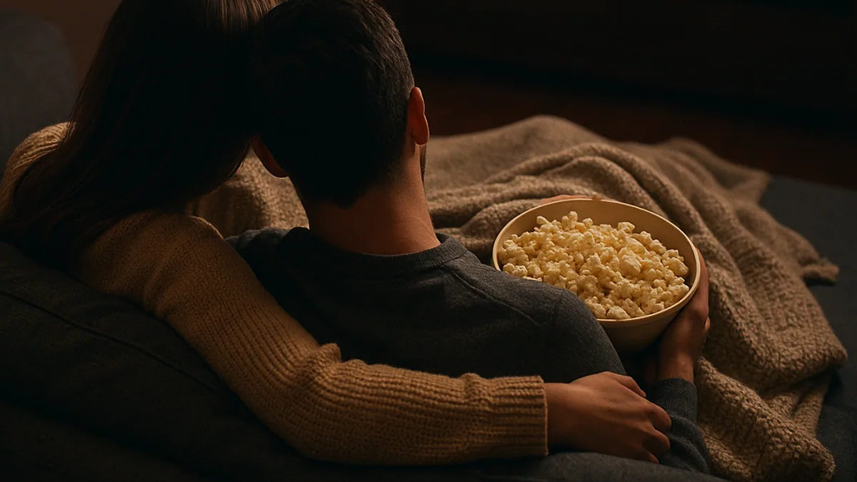 Casal vendo um filme no sofá à noite com pipoca