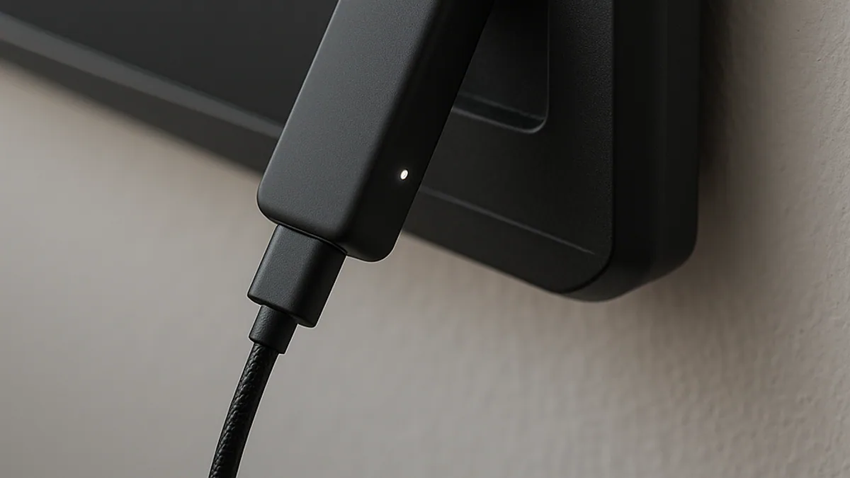 Stick de streaming encaixado no HDMI atrás da televisão