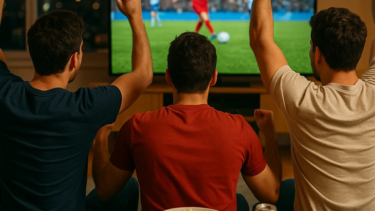 Amigos comemorando um gol na sala do apartamento