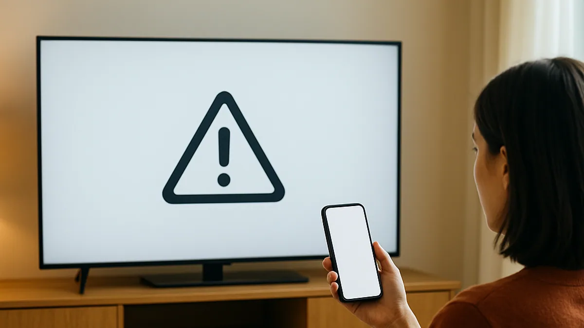 TV com tela de aviso e pessoa com o celular na mão procurando a causa