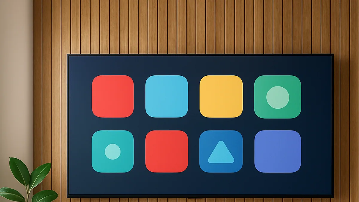 Smart TV no painel de madeira com a tela inicial de aplicativos