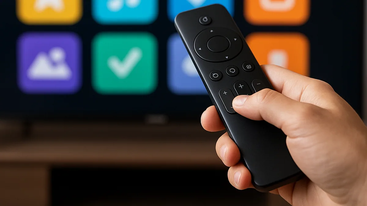 Loja de aplicativos na tela da smart TV com o controle na mão