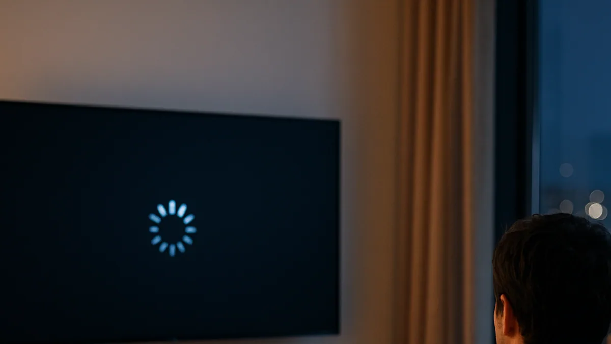 TV mostrando o círculo de carregamento enquanto a pessoa segura o controle