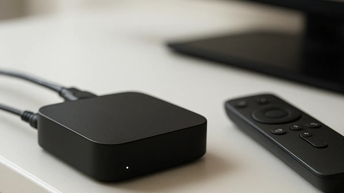 TV Box ligada sobre o aparador embaixo da televisão