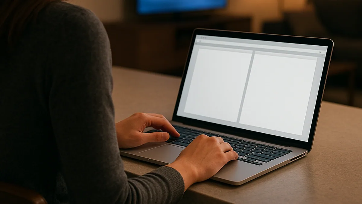 Pessoa comparando opções de serviço no notebook com a TV ligada ao fundo