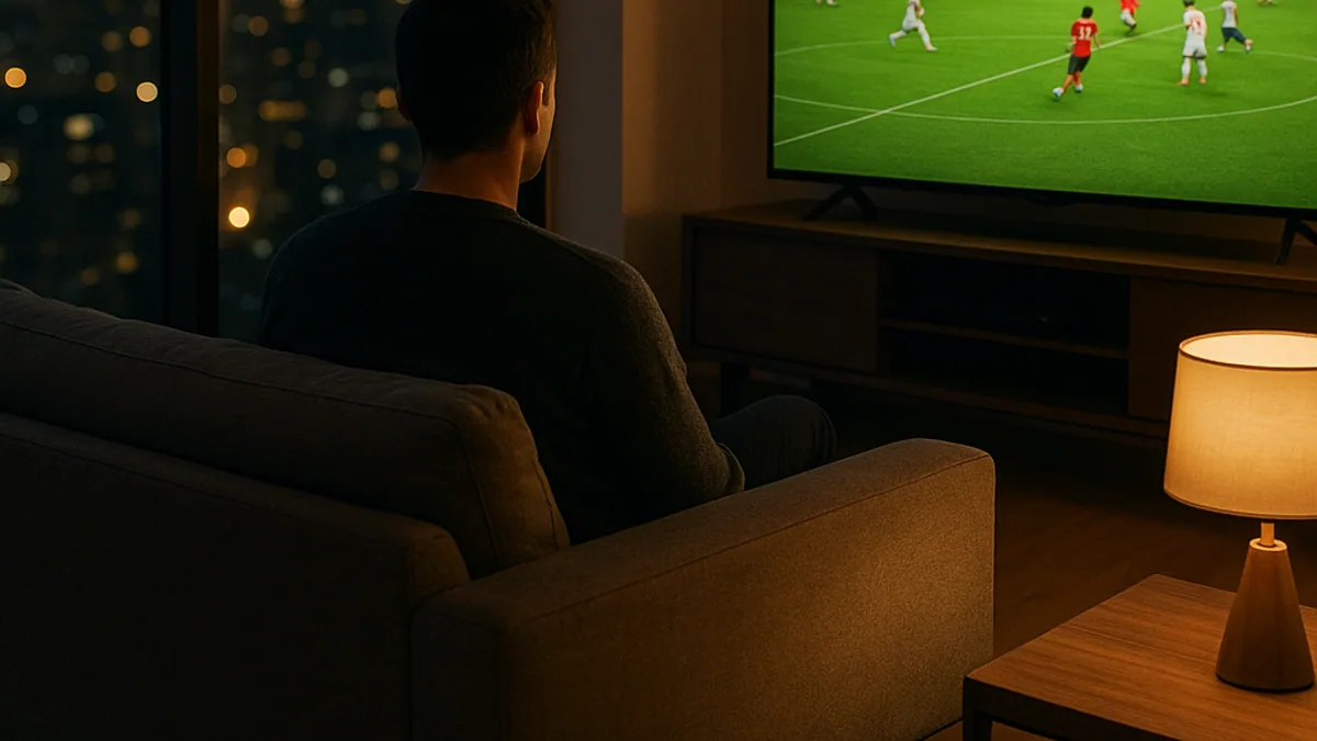 Sala de apartamento à noite com a TV ligada e as luzes dos prédios da cidade na janela