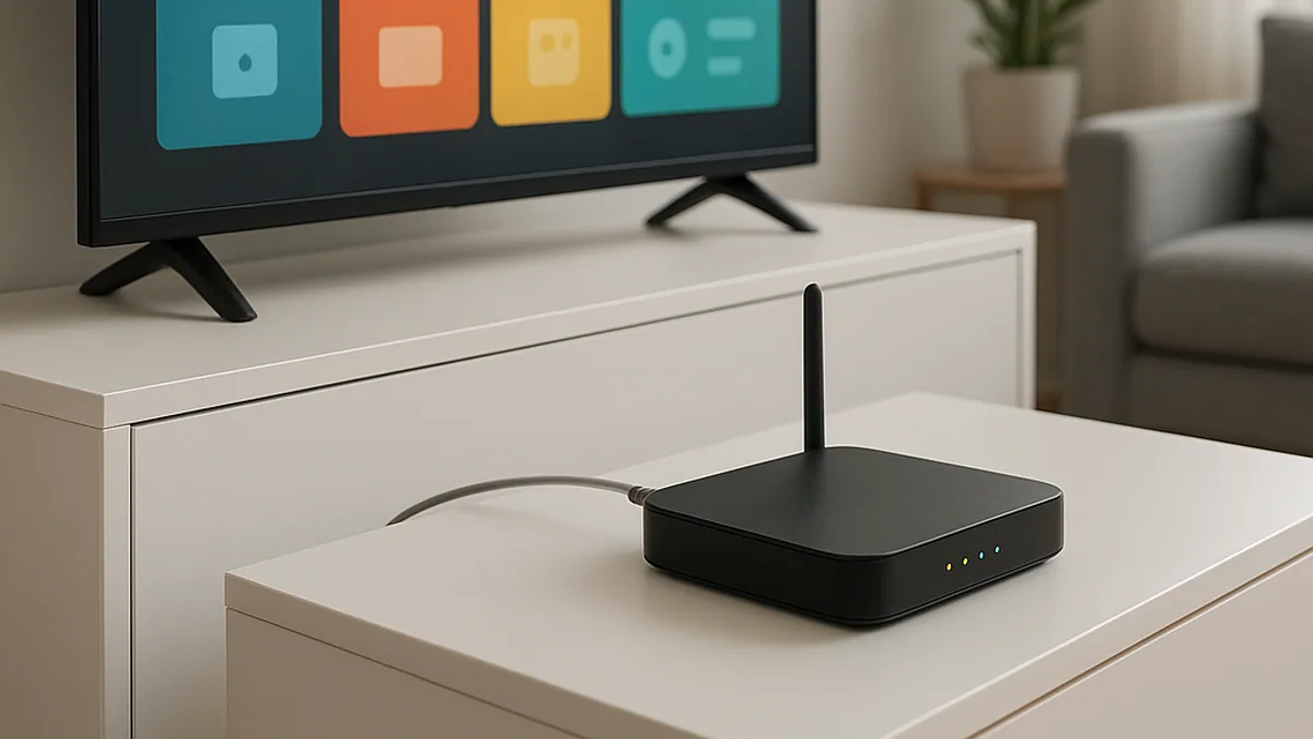 Roteador ligado no rack embaixo da TV com a grade de canais na tela