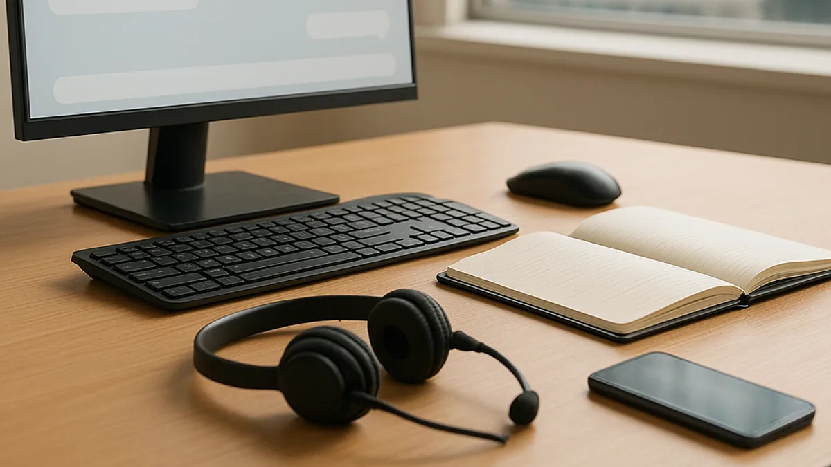 Mesa do atendimento com computador e headset num escritório da cidade