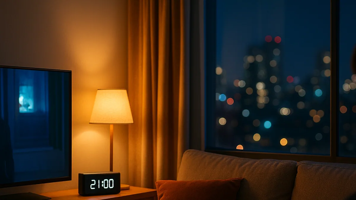 Apartamento à noite com um relógio na estante marcando o começo da noite e a TV ligada na sala