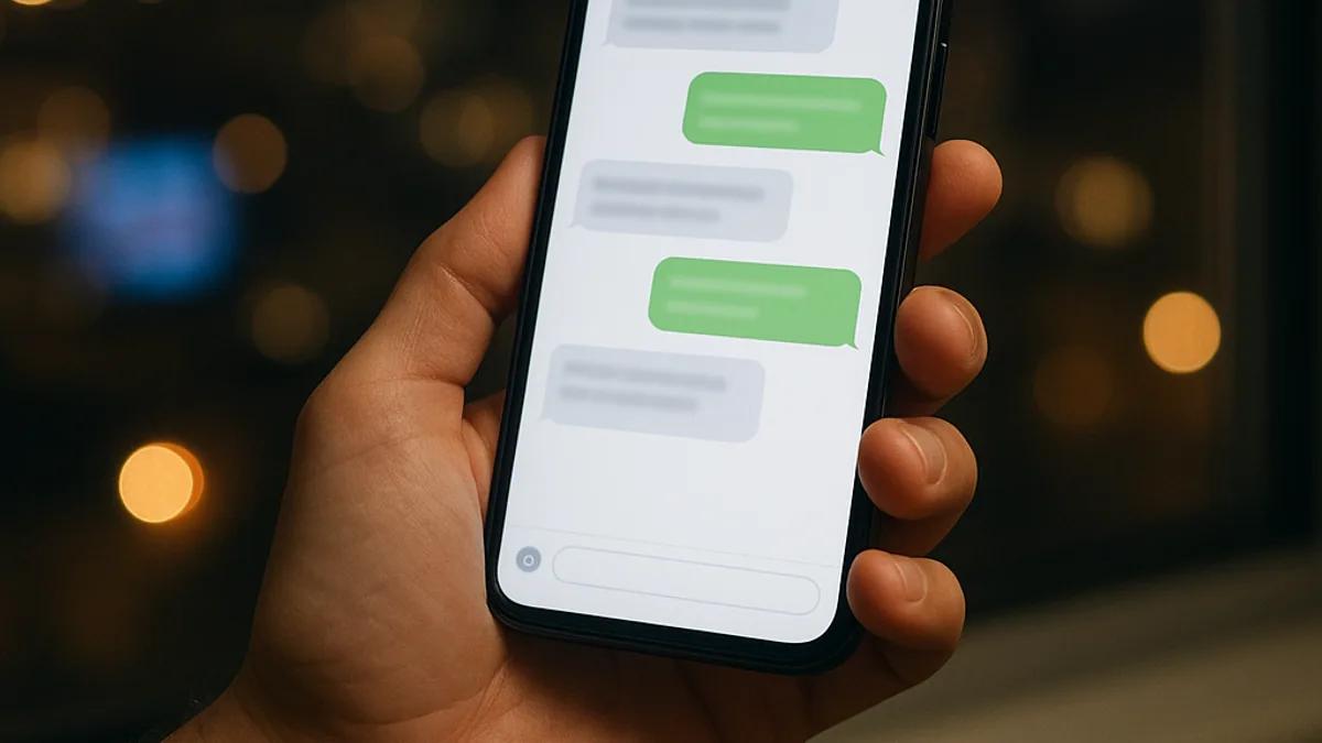 Celular com a conversa do teste grátis aberta, diante da janela de um apartamento com as luzes da cidade à noite