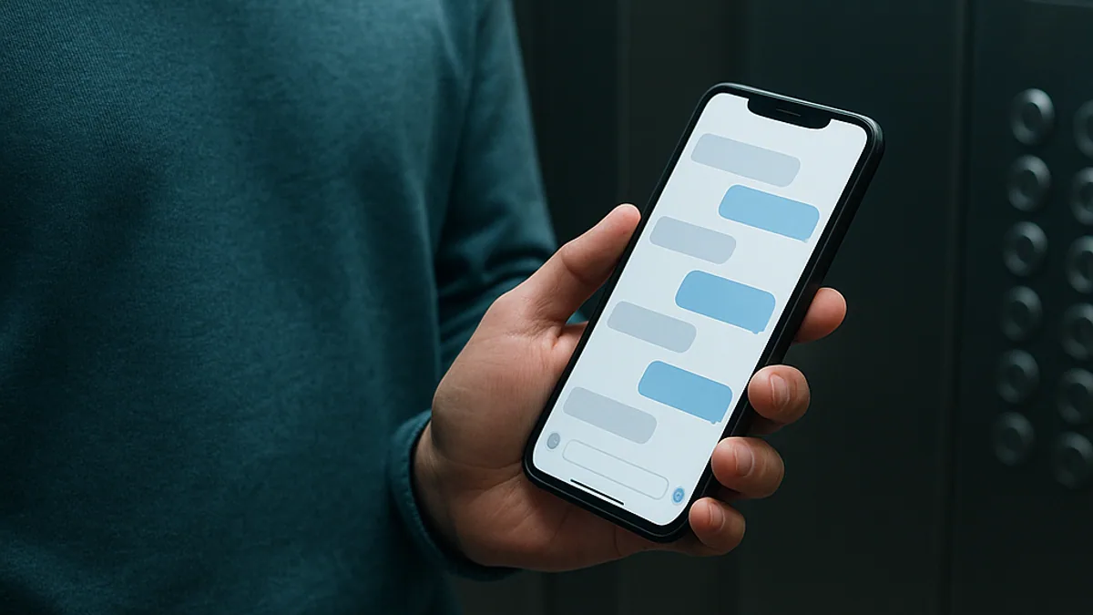 Pessoa digitando no celular dentro do elevador do prédio, pedindo o teste pelo WhatsApp