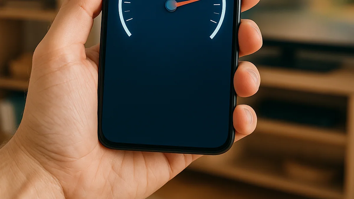 Celular medindo a velocidade da internet na sala do apartamento